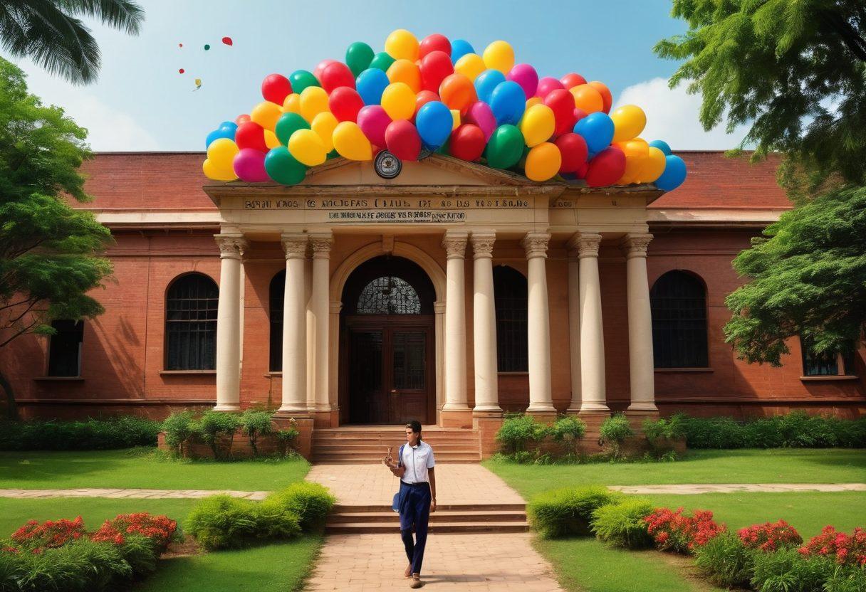 A visually engaging collage featuring a university building in Bihar, students joyfully celebrating their academic achievements with diplomas, colorful balloons, and a backdrop of lush greenery. Include a digital overlay of charts and graphs representing academic success, symbolizing navigation through result declarations. Emphasize a sense of community and pride among students. vibrant colors. 3D. educational theme.
